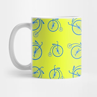 Blue Retro Bicycle Pattern on Yellow Background Mug